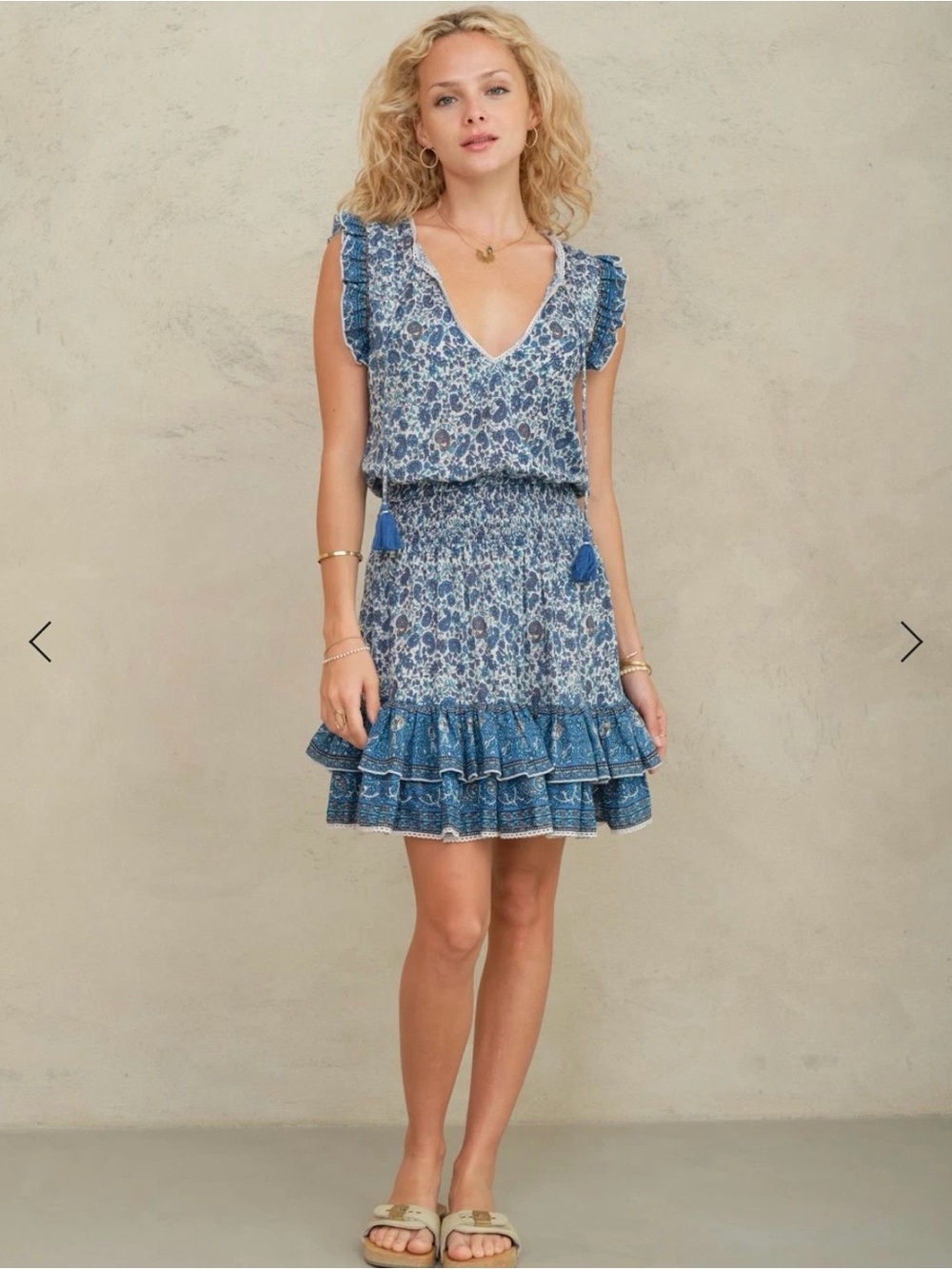 M.A.B.E. NWT Blue Floral V-Neck Smocked Waist Ruffle Mini Dress